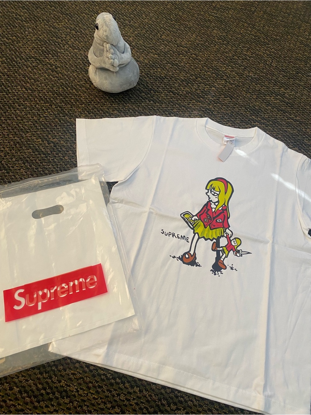 Supreme White Kids T-Shirt with Yellow-Red Cartoon Girl Graphic